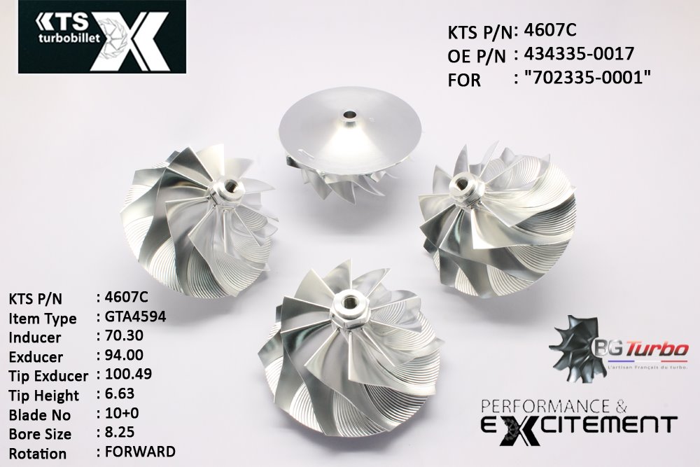 Turbo ROUE FORGÉE MFS PERFORMANCE - 10+0 PALES - INDUCER : 70,3 - EXDUCER : 94 - TYPE : GTA4594ANGLE : 40° - ROTATION : Forward - SUPER BACK : 9,51 - BORE SIZE : 8,25
